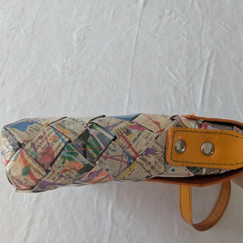 Nohra Ollie Woven Newspaper Print Leather Trim‎ Shoulder Bag Orange